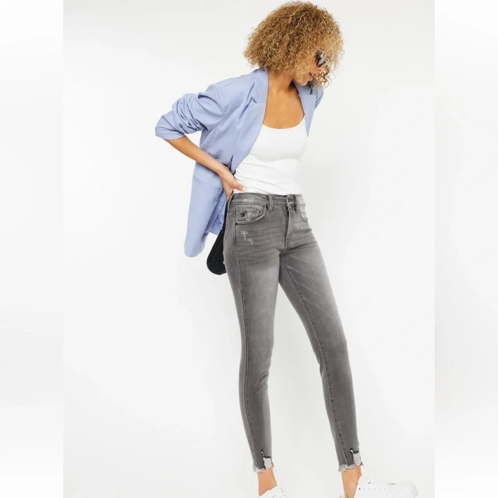 Kan Can High Rise Hem Detail Ankle Skinny Distress Jeans